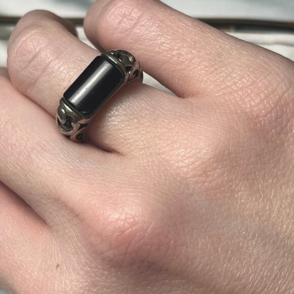 Vintage Onyx Raised Bar 925 Sterling Silver Filigree Ring Size 6-6.25